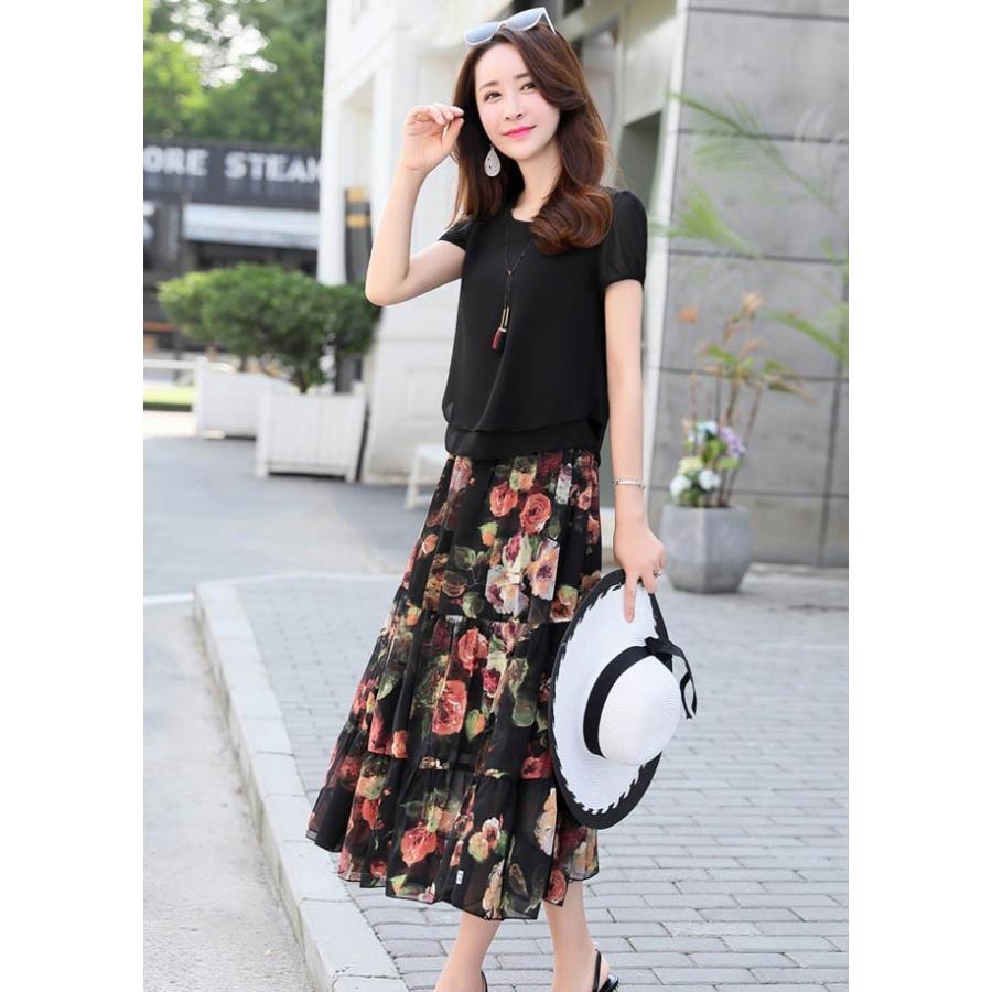 セットアップ 2点セット シフォンブラウス 花柄スカート Aライン
