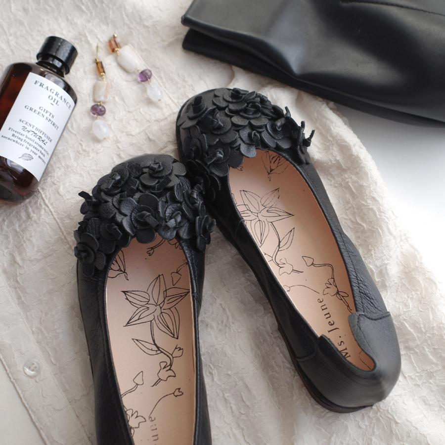 パンプス 靴 レディース 本革 フラットシューズ フラワー モチーフ