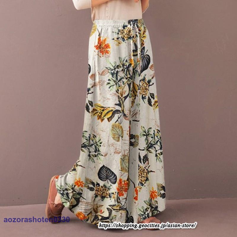 プリント花柄ワイドパンツ 綿麻パンツ ロングパンツ ウエストゴム 楽