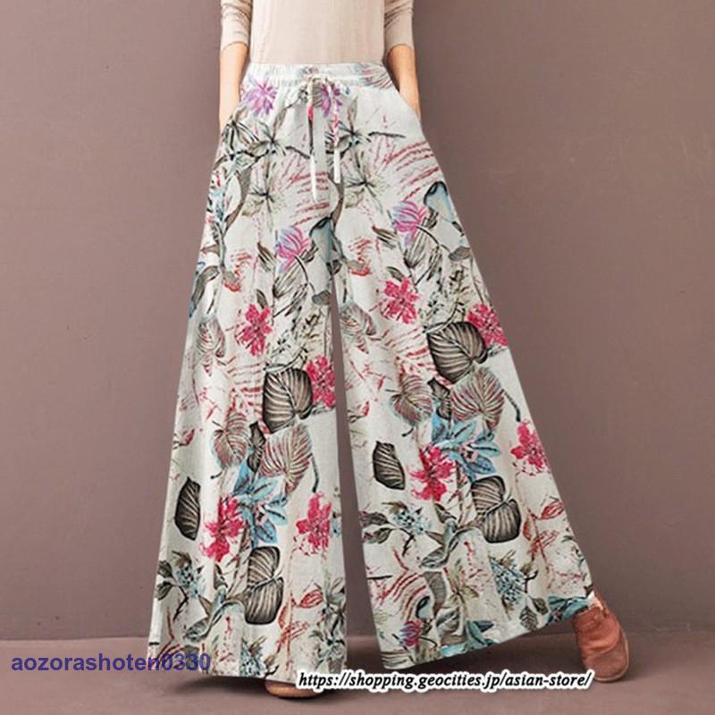プリント花柄ワイドパンツ 綿麻パンツ ロングパンツ ウエストゴム 楽