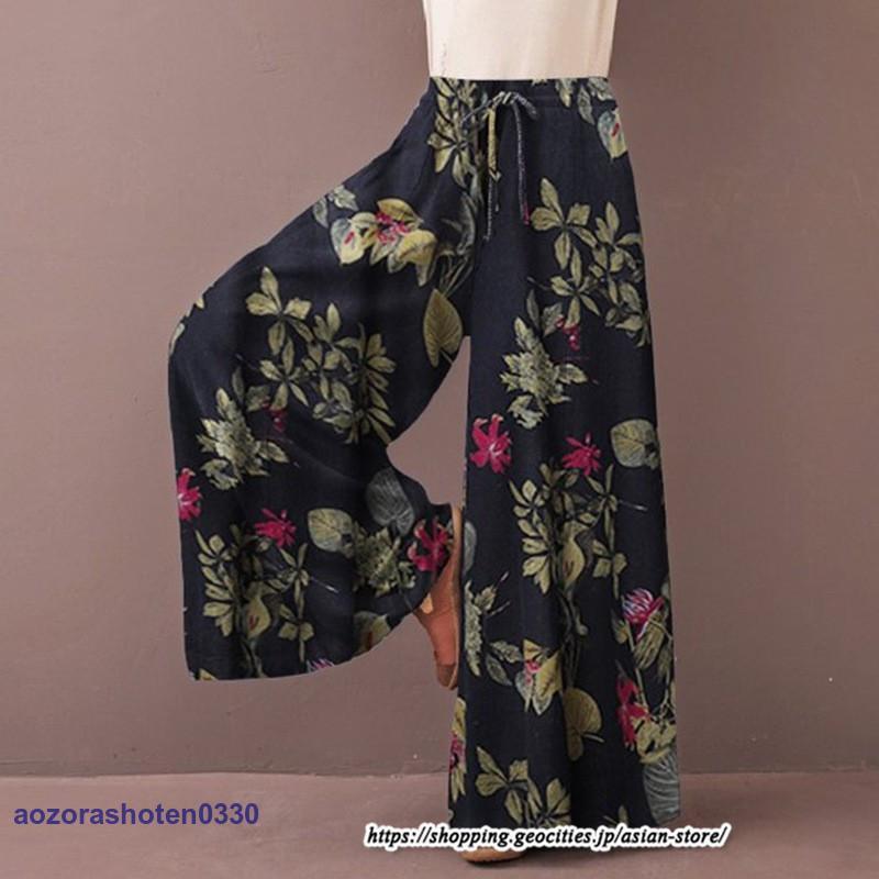 プリント花柄ワイドパンツ 綿麻パンツ ロングパンツ ウエストゴム 楽