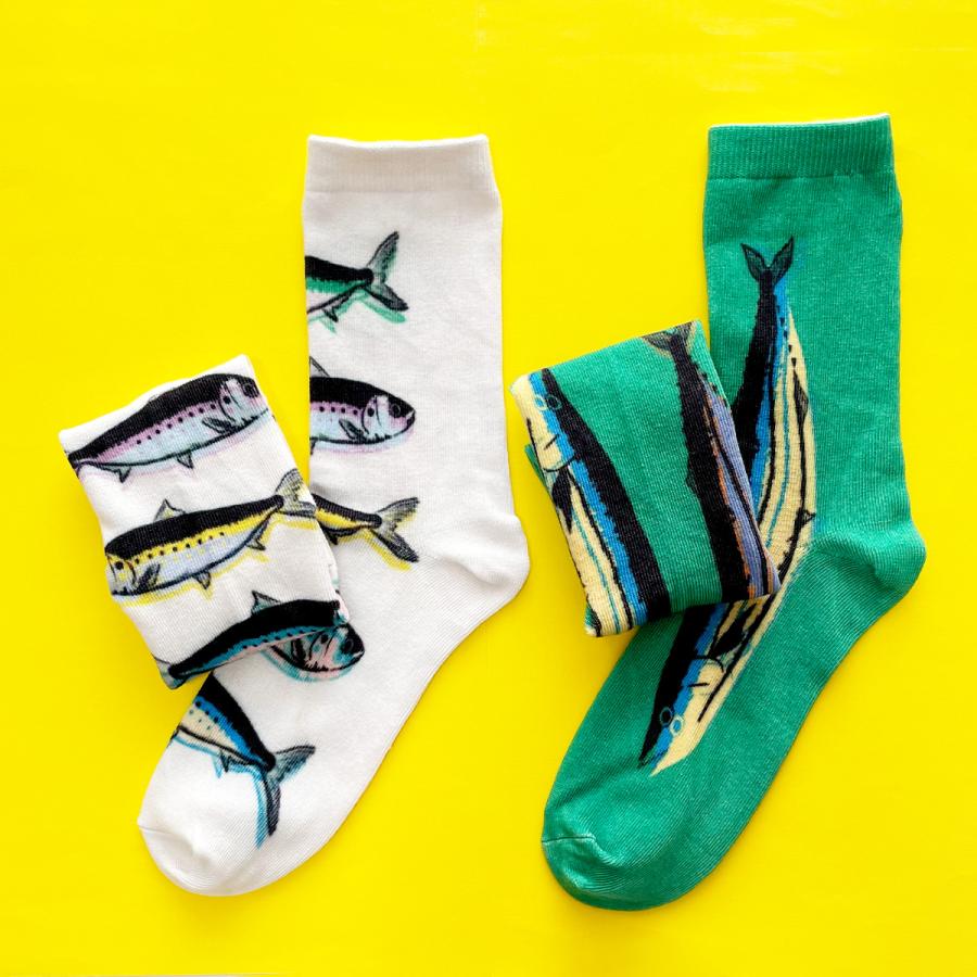 販売終了□靴下 2Pセット クルーソックス 22.5-24.5cm イワシ サンマ