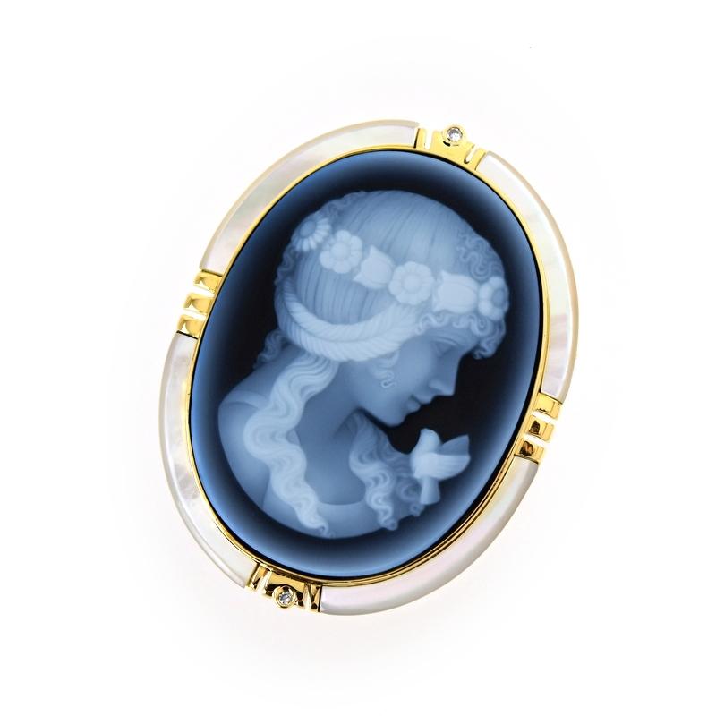 カメオ 2WAY ブローチ ペンダントトップ ブルー系 シェルフレーム