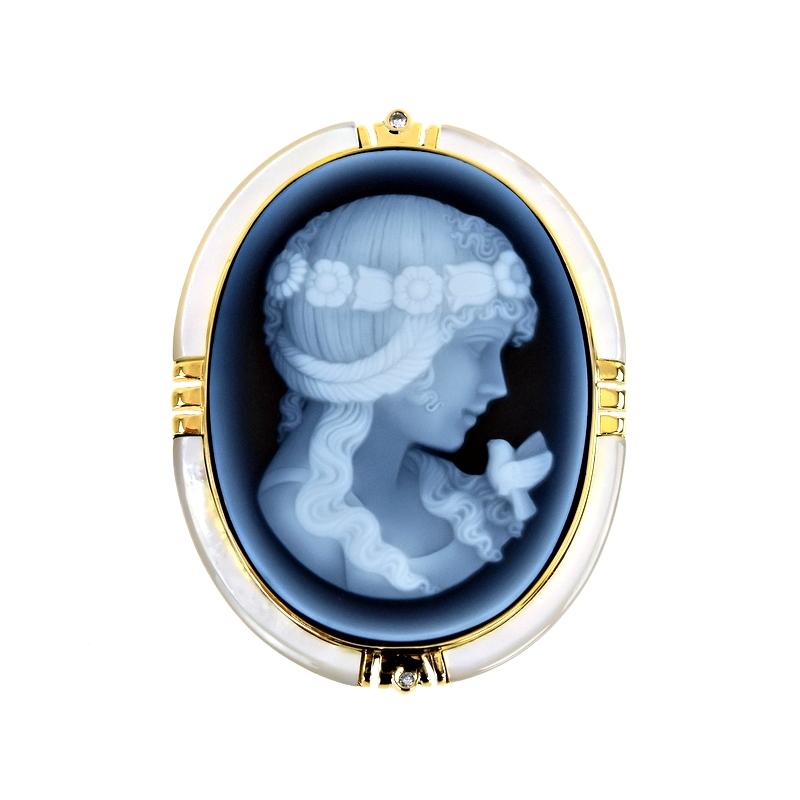 カメオ 2WAY ブローチ ペンダントトップ ブルー系 シェルフレーム