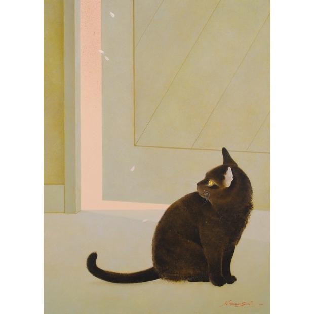 猫 絵画 黒猫 油絵 油彩画 高橋伸子 「予感・1」 額付き : アート