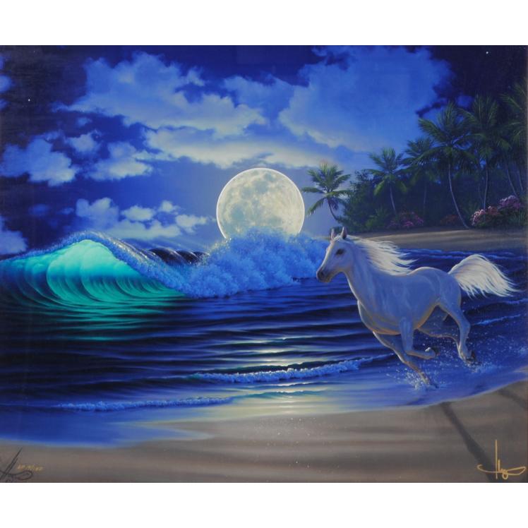 ジョン・アルホーグ ムーンリットダンス 海 絵画 ハワイ 馬 白馬 版画