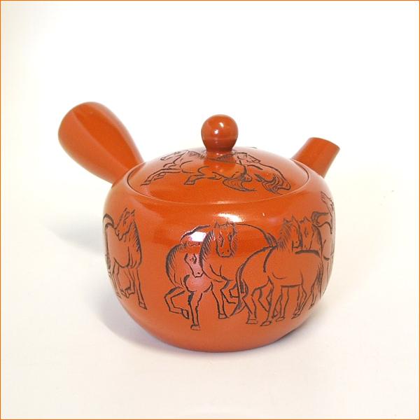 急須 新回転急須 国産 馬 朱泥 万古焼 彫 400cc ステンレス製の固定式