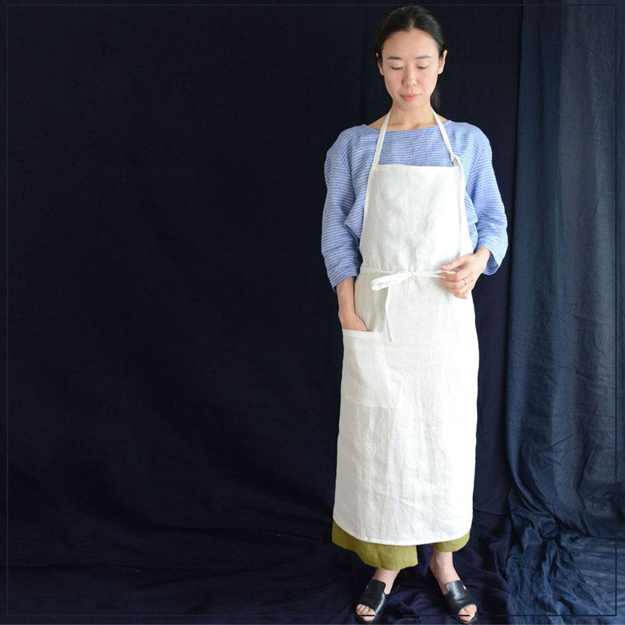 リネン 無地 エプロン 麻100% オールシーズン : リネンコットンの