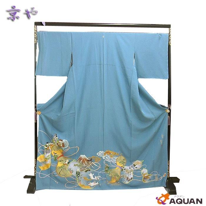 特価 京やE003 正絹 色留袖 青 一つ紋 身丈169 裄70 トールサイズ 裄