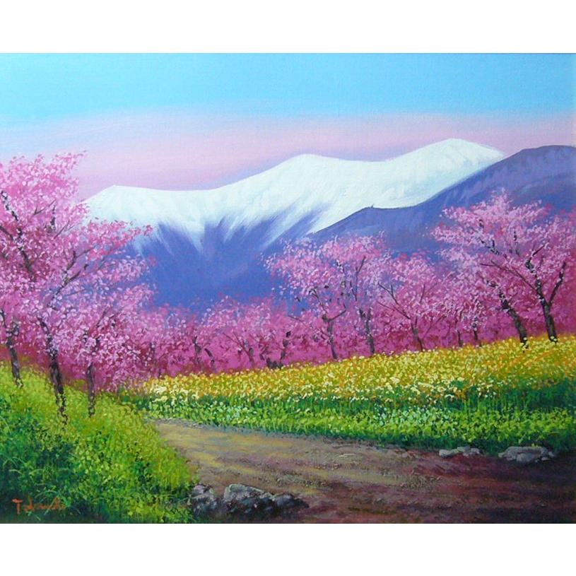 絵画 油絵 肉筆油絵 竹内敏彦 風景画 桜の並木 F12 送料無料 : アート