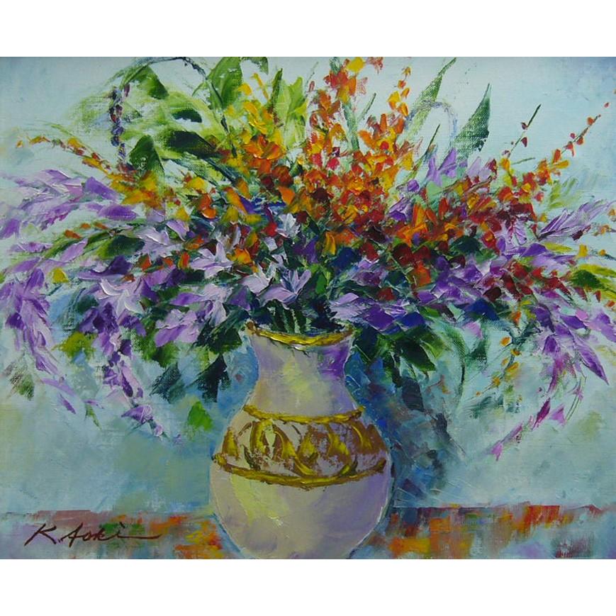 絵画 油絵 青木今陽 肉筆油絵 花瓶いっぱいの花々 送料無料 : アート