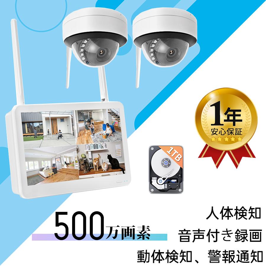 ドーム型防犯カメラ 2台セット 500万画素 モニター付き 防犯カメラ