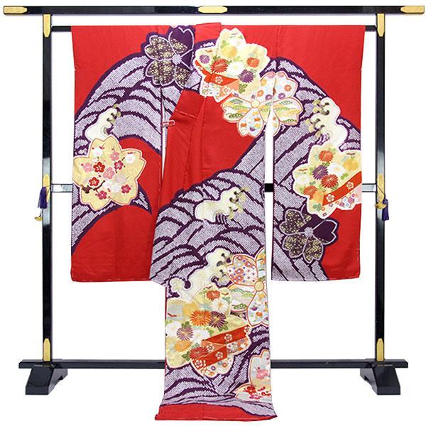 着物 友禅本振袖 京手描き 内と良 謹製 三巻桶絞りに波に桜図 あすかや