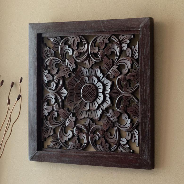 木彫り レリーフ 彫刻 アジアンフラワー 壁掛け 木製 アート パネル