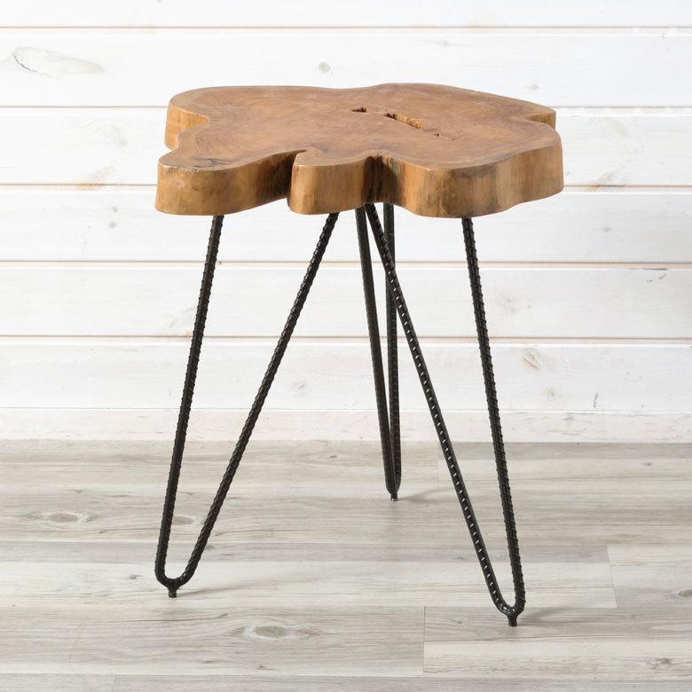 東谷 サイドテーブル 切り株天板 木製 アイアン脚 幅40cm ブラウン 茶