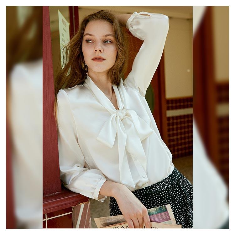 シルク100% ブラウス レディース ボウタイブラウス 長袖 シャツ 絹100