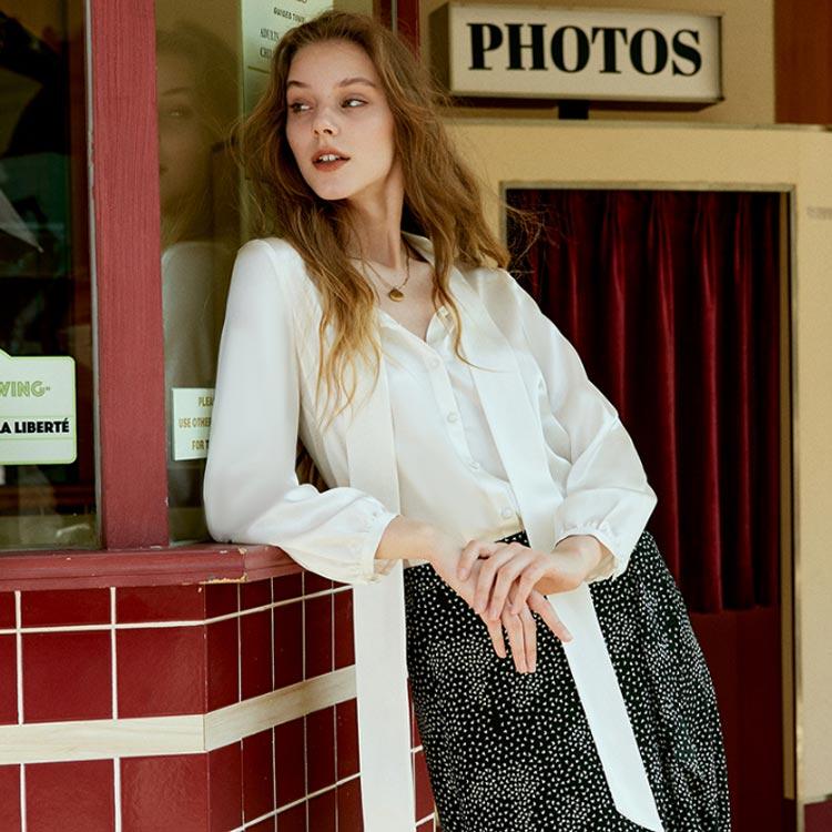 シルク100% ブラウス レディース ボウタイブラウス 長袖 シャツ 絹100