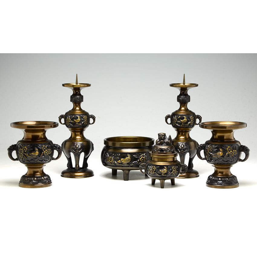 仏具セット 6具足 真鍮製 DC 花鳥模様付 六具足 3.5号 色付 （黒茶色