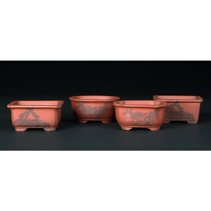 盆栽鉢 「瀬戸焼文山窯朱泥絵付鉢4点セット」 植木鉢 絵鉢 泥鉢 焼締 3