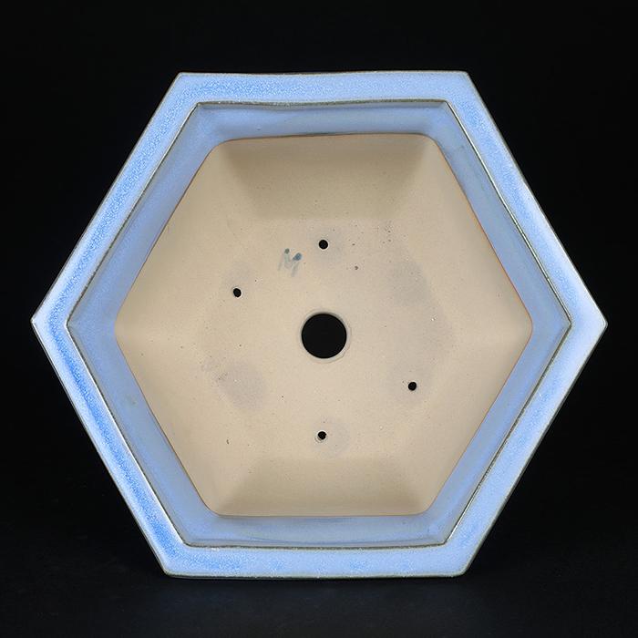 盆栽鉢 「石峰雨竹製広東均釉外縁六角鉢」 植木鉢 陶器 落款あり 7号