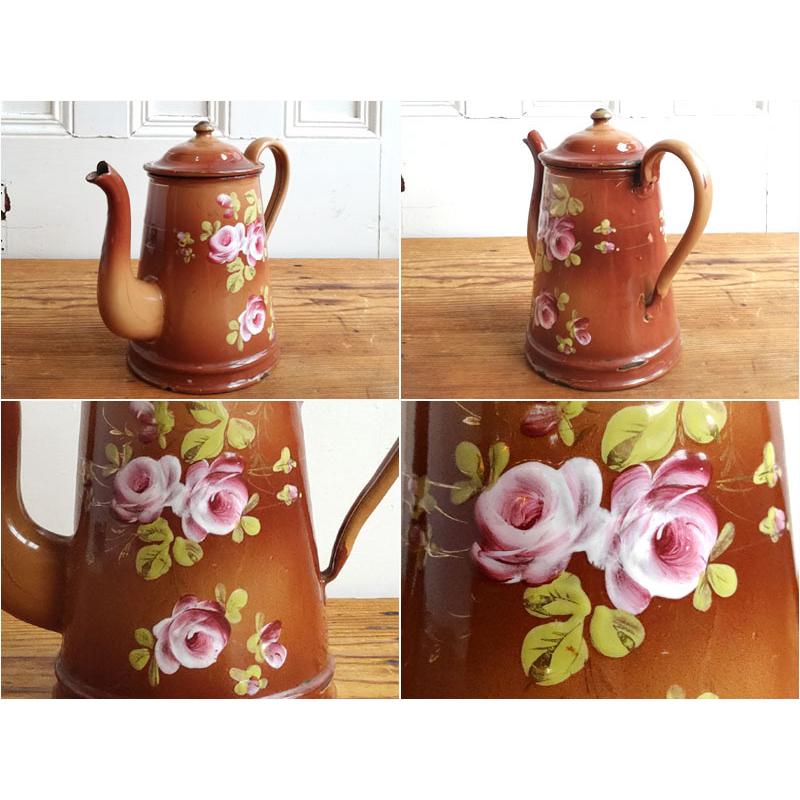 手書き 薔薇 ホーロー コーヒーポット フランスアンティーク : BAU