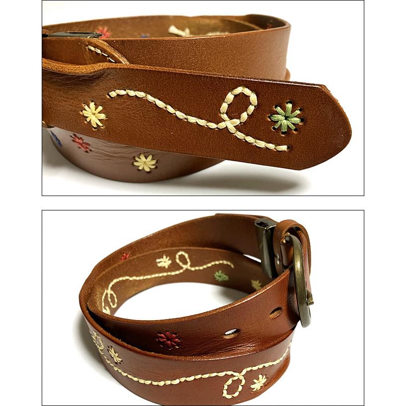 メンズセレクト 手縫い花柄ステッチ レザーベルト (ブラウン