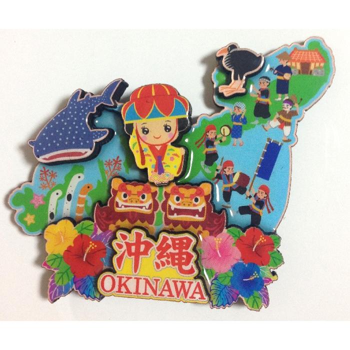 沖縄 花笠琉球舞踊 シーサー 木製3D彫り 沖縄地図の大きなマグネット