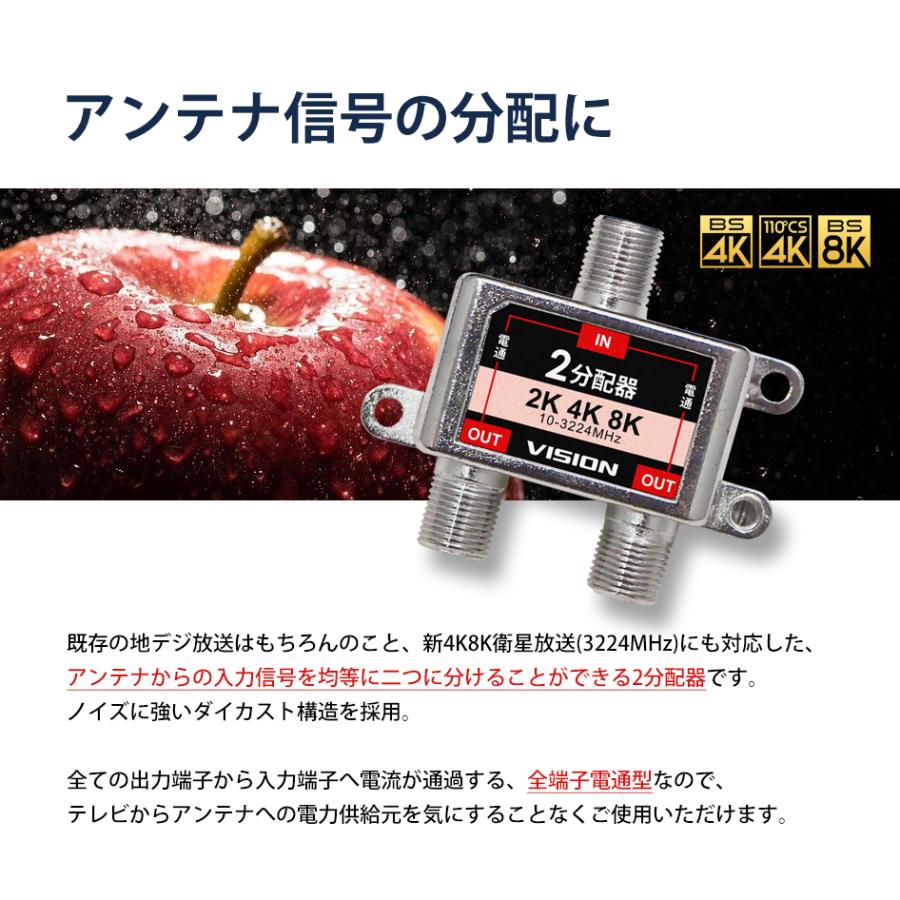 VISION 改良版 2分配器 1年保証 4K 8K 対応 TV テレビ アンテナ 全端子