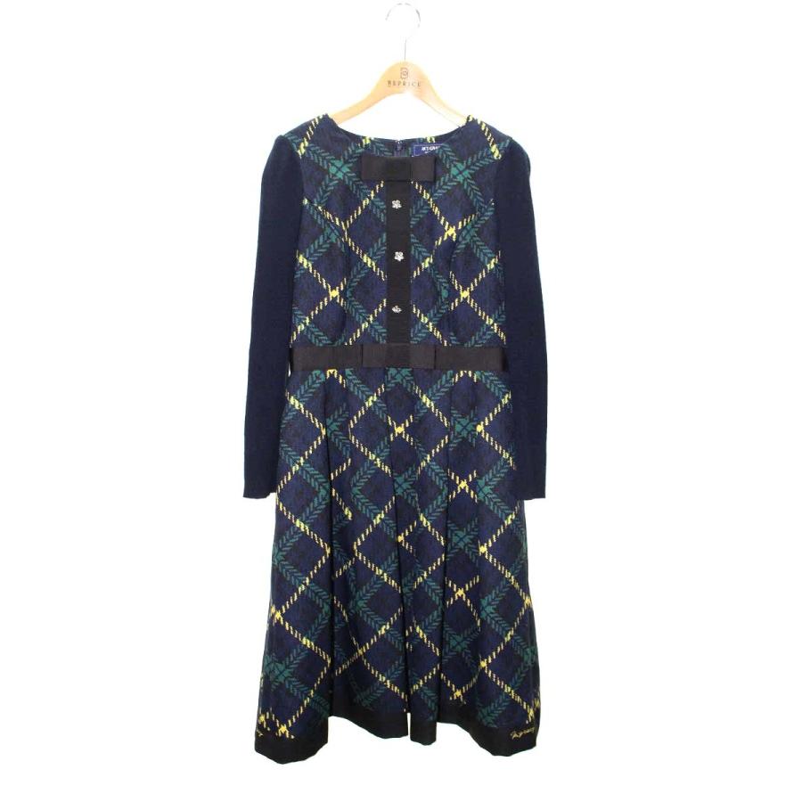 エムズグレイシー 211510 ワンピース 38 ネイビー 切替 チェック