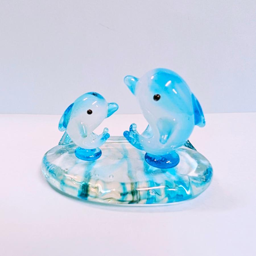 ガラス細工 イルカペア波台（L) 青 ミニチュア 置物 雑貨 水族館