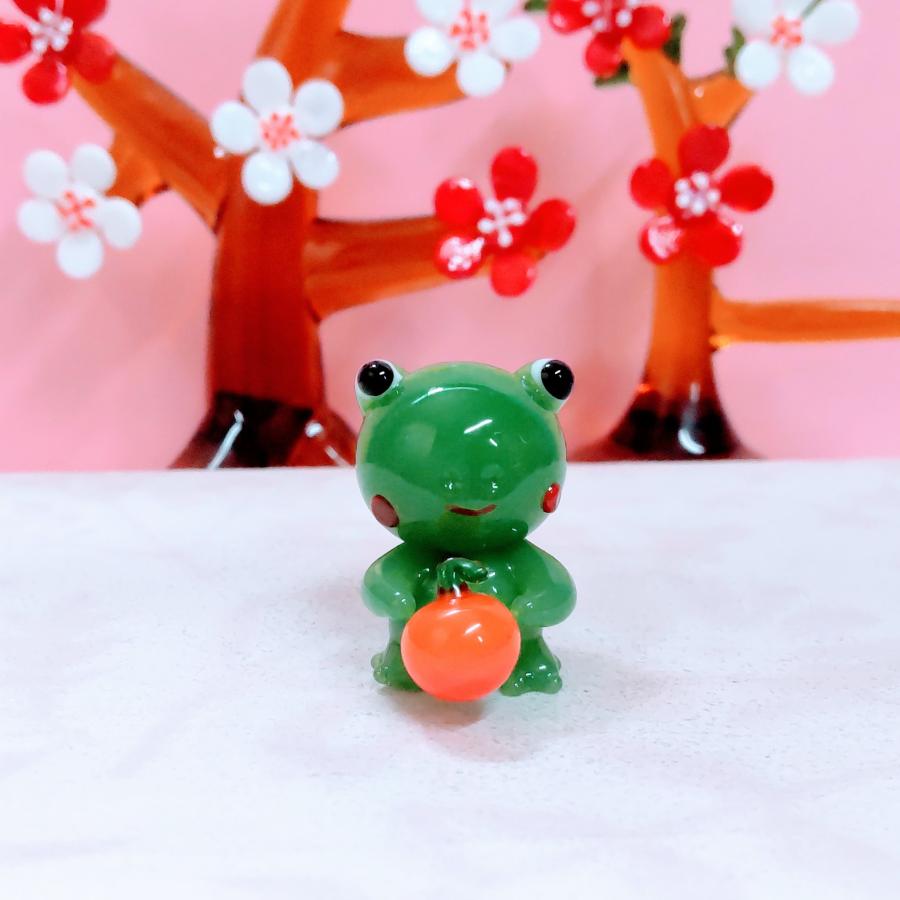 ガラス細工 カエルとみかん ミニチュア 雑貨 置物 小物 蛙 : きたの