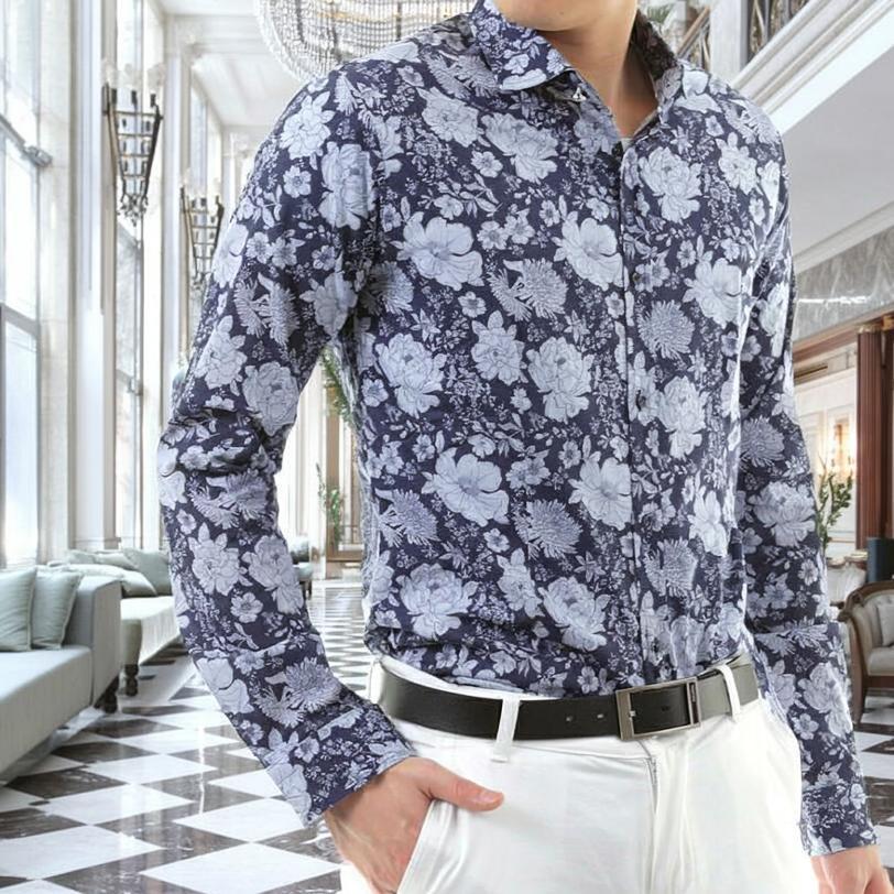 長袖シャツ 花柄 ストレッチ コットン メンズ 紺 : BIN-1 LIMITED