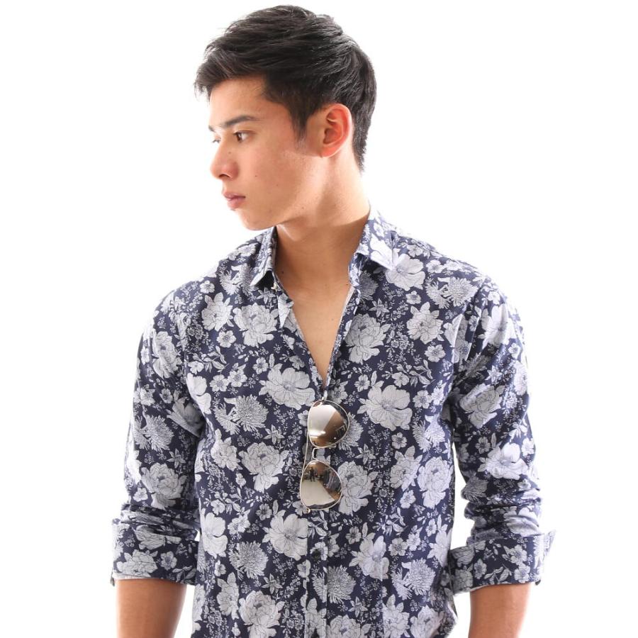 長袖シャツ 花柄 ストレッチ コットン メンズ 紺 : BIN-1 LIMITED