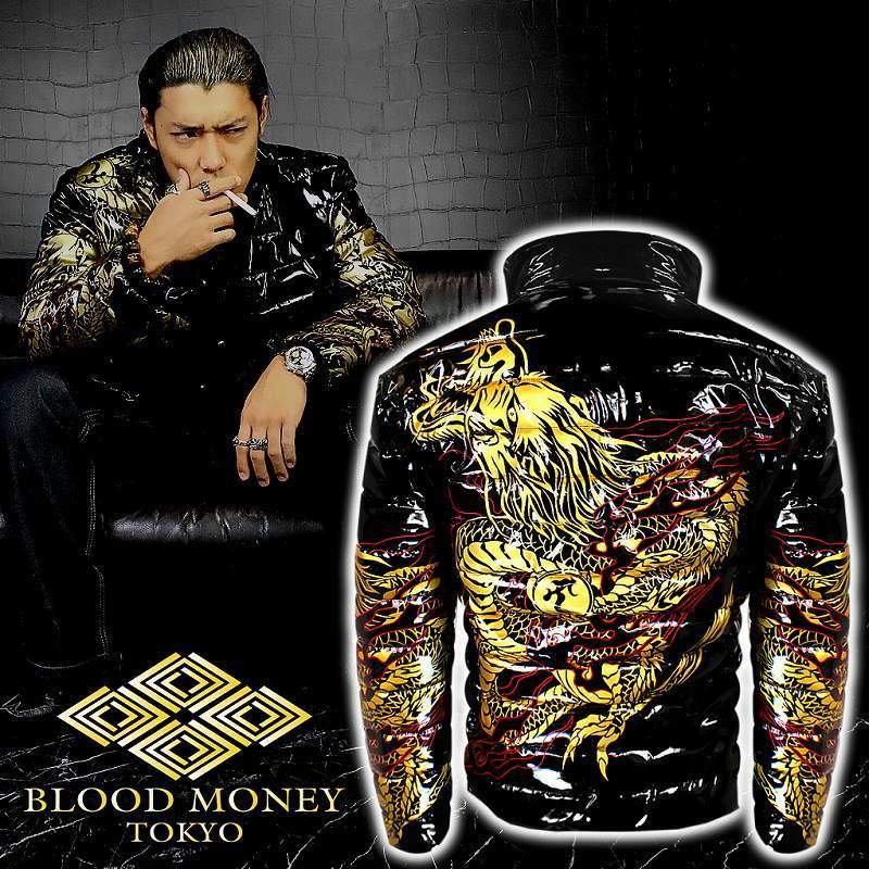 昇り龍柄 エナメル調 中綿ジャケット 黒 和柄 服 BLOOD MONEY TOKYO