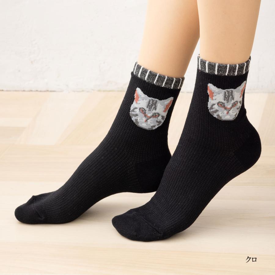 助野（SUKENO） にゃんこ堂 リアル猫柄 クルーソックス 23-25cm(クロ