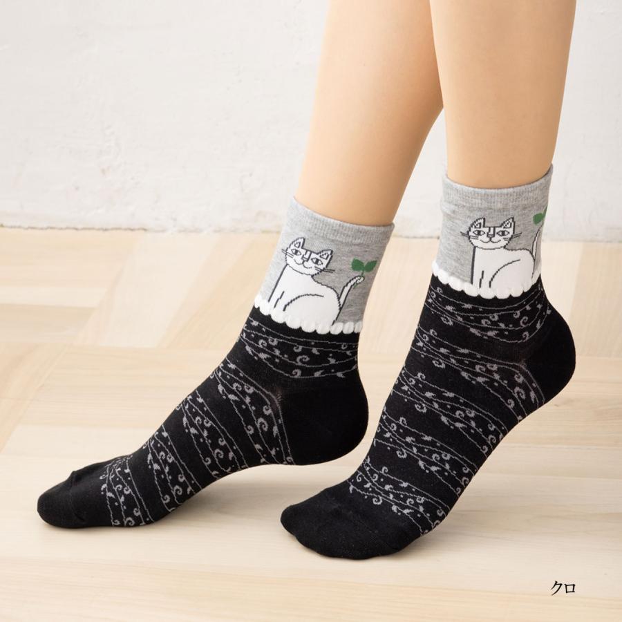 助野（SUKENO） にゃんこ堂 おすわり猫柄 クルーソックス 23-25cm(クロ