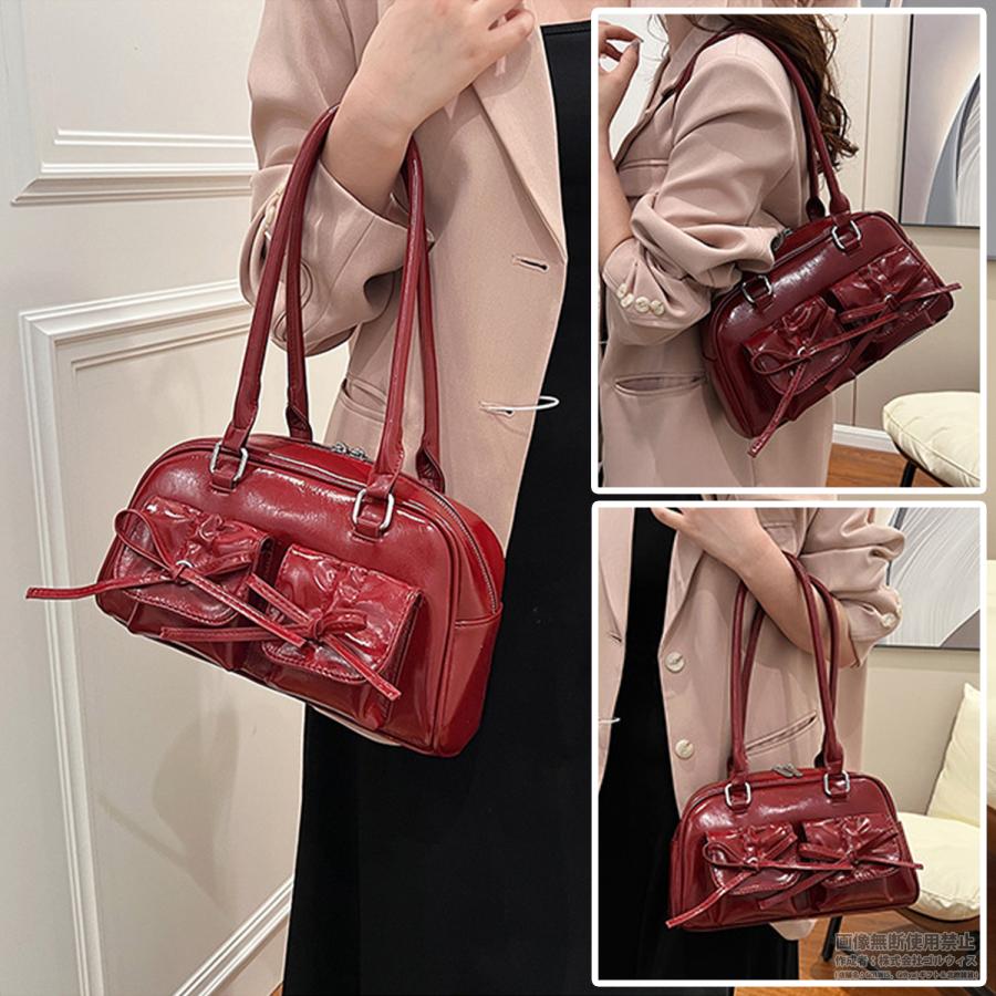 リボン付き エナメル ミニボストン ショルダー バッグ ツインポケット