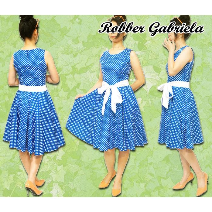 XL】【送料無料】ロカビリー・ワンピース パネルライン（水玉）青 ひざ