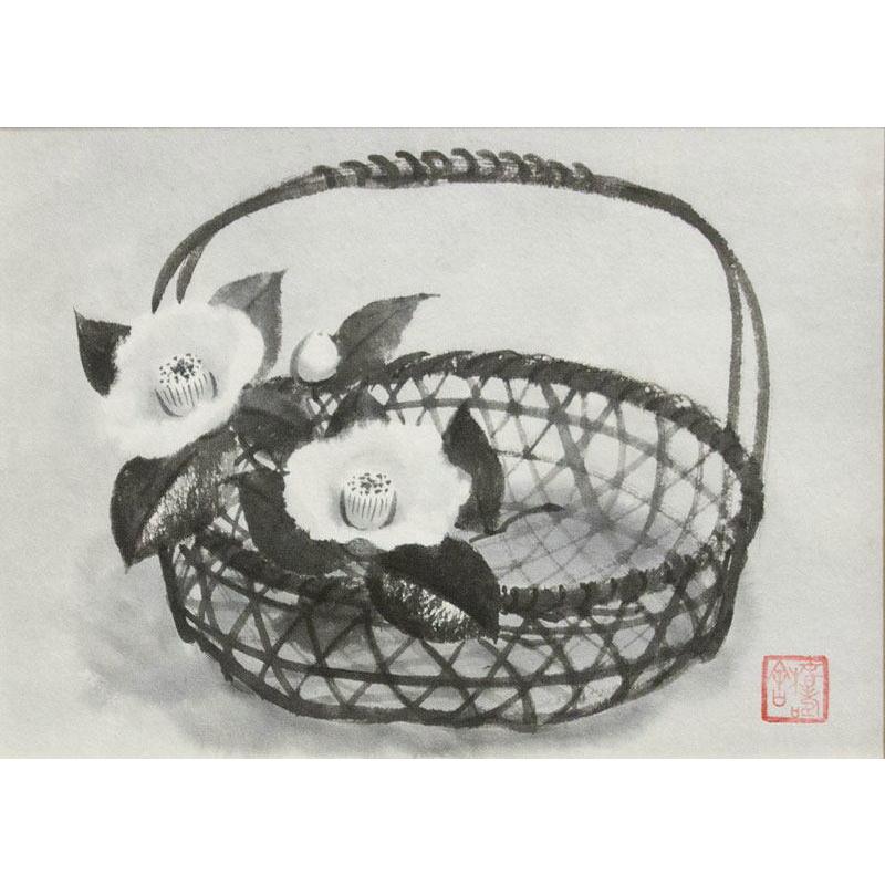 穐月 明 「 籠の椿 」 水墨画 F4 ( 4号 ) 絵画 日本画 手書き 肉筆