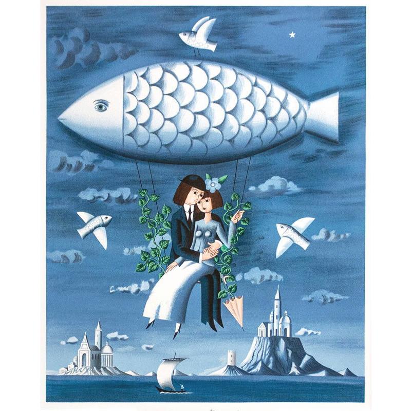 レイモン・ペイネ「 魚の飛行船 」リトグラフ 版画 絵画 人物 かわいい