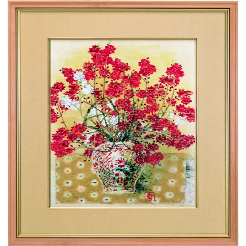 美品 掛け軸 前田青邨筆「藤と桔梗図」リトグラフ 扇面木版画 双福 美