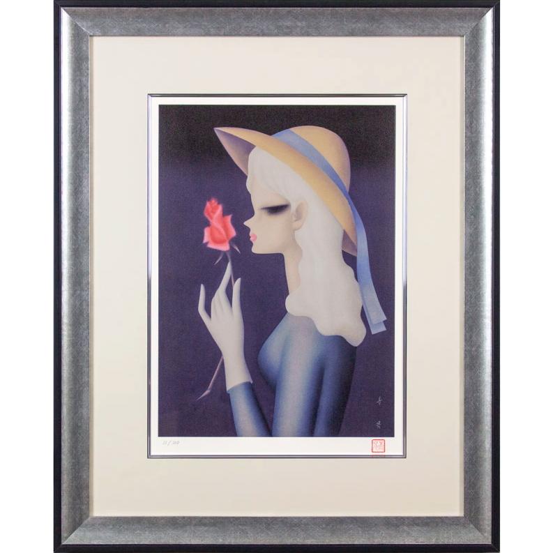 東郷青児 「 バラ一輪 」 リトグラフ 版画 洋画 人物 花 帽子 美人画