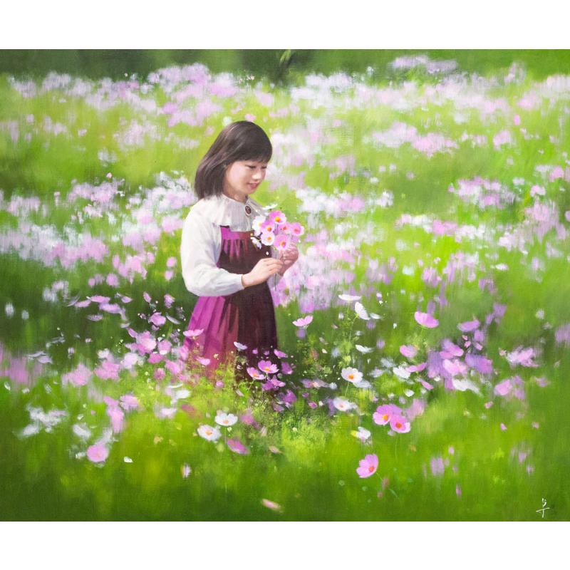 長岡 卓 「 コスモス畑の少女 」油絵 油彩画 F20 ( 20号 ) 絵画 洋画