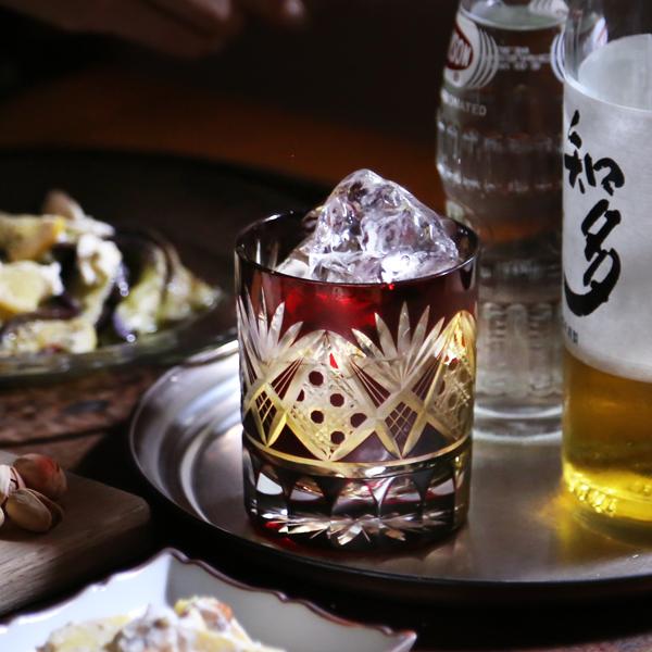 田島硝子（TAJIMA GLASS） 江戸切子 八角籠目菊底 オールド 赤 切子