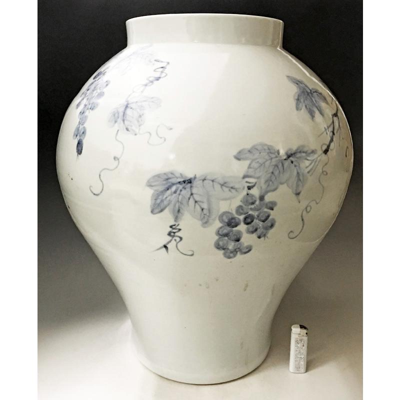 李朝 青花葡萄文白磁大壺 高さ52cm 韓国 美術 朝鮮 希少 花生 花瓶