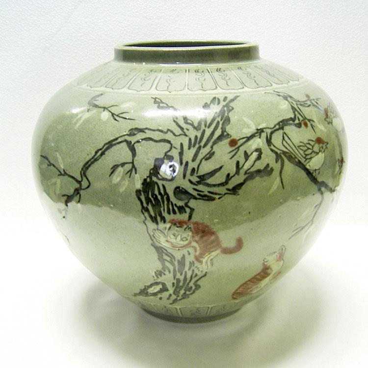 高麗青磁 辰砂 動物文壺 猫 鳥 高さ約24cm 李朝 陶磁器 韓国 朝鮮 美品