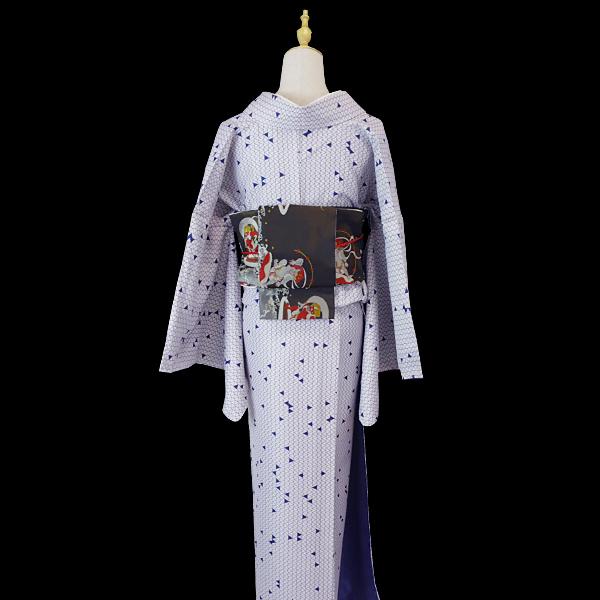 洗える着物 着物単品 江戸小紋 グレー 紺色 鱗 幾何学模様 モダン 粋