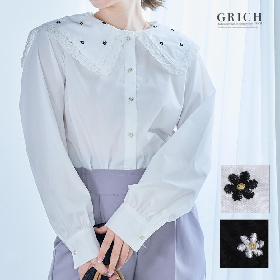 トップス レディース ブラウス シャツ 長袖 ビックカラー ガーリー 花