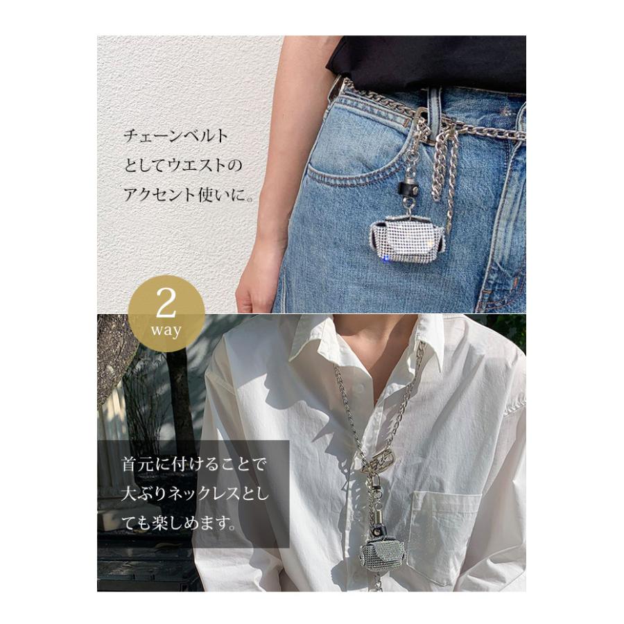 チェーンベルト ミニポーチ付き ネックレス ラインストーン シルバー