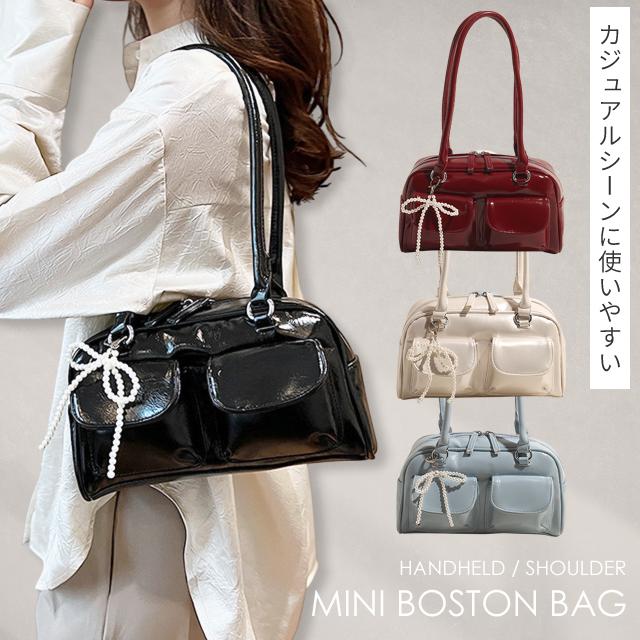 ミニボストンバッグ レディース フェイクレザー トートバッグ パール